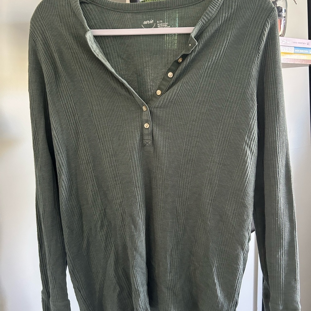 Aerie Green Button Down Polo Top